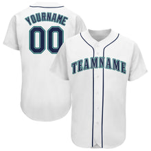 Load image into Gallery viewer, Custom White Navy-Teal Baseball Jersey
