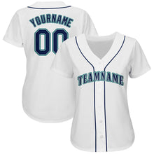 Load image into Gallery viewer, Custom White Navy-Teal Baseball Jersey
