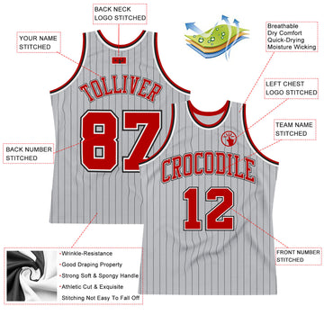 Custom Gray Black Pinstripe Red-White Authentic  Basketball Jersey