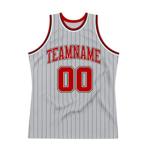 Custom Gray Black Pinstripe Red-White Authentic  Basketball Jersey