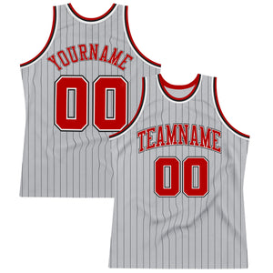 Custom Gray Black Pinstripe Red-White Authentic  Basketball Jersey