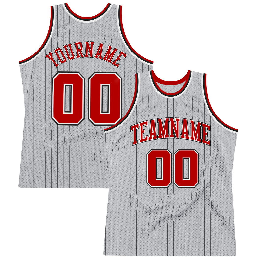 Custom Gray Black Pinstripe Red-White Authentic  Basketball Jersey