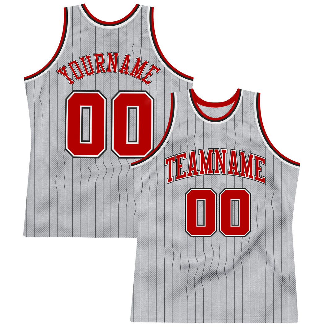 Custom Gray Black Pinstripe Red-White Authentic Throwback Basketball Jersey