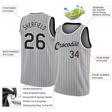 Custom Gray Black Pinstripe Black-White Authentic  Basketball Jersey