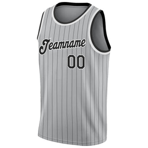 Custom Gray Black Pinstripe Black-White Authentic  Basketball Jersey