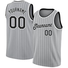 Load image into Gallery viewer, Custom Gray Black Pinstripe Black-White Authentic  Basketball Jersey
