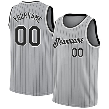 Custom Gray Black Pinstripe Black-White Authentic  Basketball Jersey