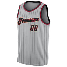 Load image into Gallery viewer, Custom Gray Black Pinstripe Black-Maroon Authentic Basketball Jersey
