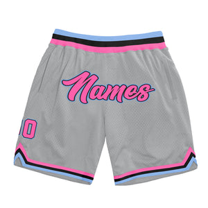 Custom Gray Pink-Light Blue Authentic Throwback Basketball Shorts
