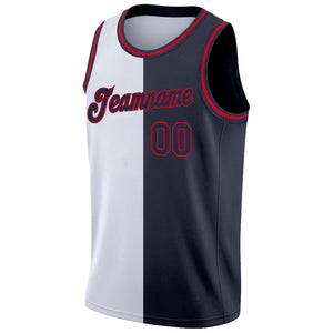 Custom White Navy-Red Authentic Split Fashion Basketball Jersey