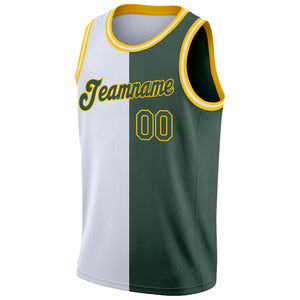 Custom White Hunter Green-Gold Authentic Split Fashion Basketball Jersey