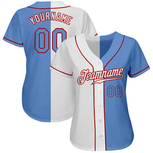 Custom White Light Blue-Red Authentic Split Fashion Baseball Jersey