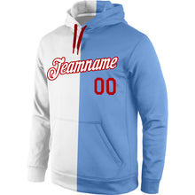 Load image into Gallery viewer, Custom Stitched White Light Blue-Red Split Fashion Sports Pullover Sweatshirt Hoodie
