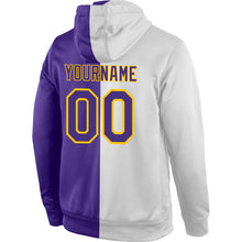 Load image into Gallery viewer, Custom Stitched White Purple-Gold Split Fashion Sports Pullover Sweatshirt Hoodie
