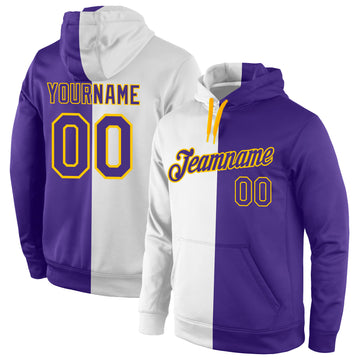 Custom Stitched White Purple-Gold Split Fashion Sports Pullover Sweatshirt Hoodie