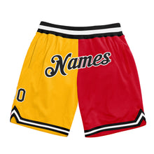 Load image into Gallery viewer, Custom Gold Black-Red Authentic Throwback Split Fashion Basketball Shorts
