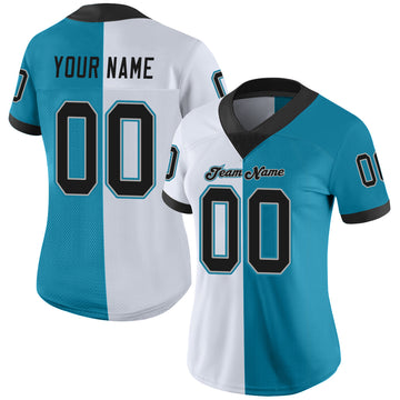 Custom Panther Blue Black-White Mesh Split Fashion Football Jersey