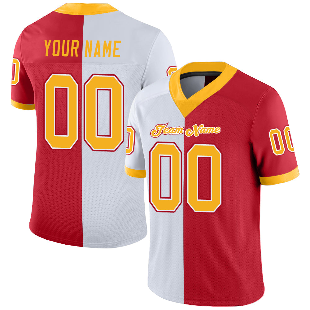 Custom Scarlet Gold-White Mesh Split Fashion Football Jersey