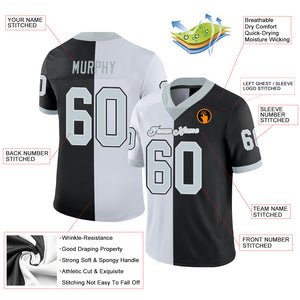 Custom Black Silver-White Mesh Split Fashion Football Jersey