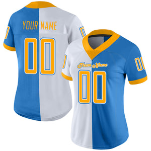 Custom Powder Blue Gold-White Mesh Split Fashion Football Jersey