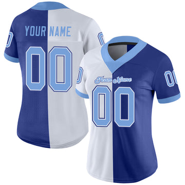Custom Royal Light Blue-White Mesh Split Fashion Football Jersey