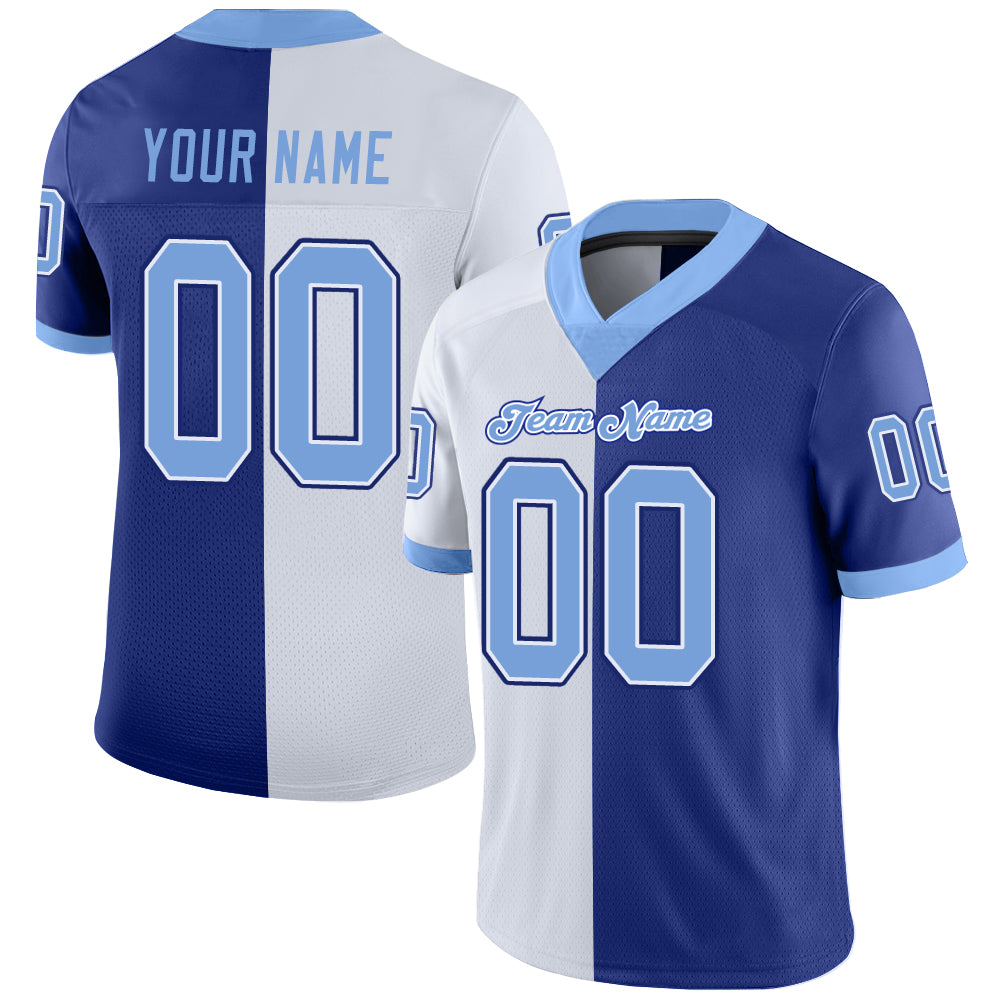 Custom Royal Light Blue-White Mesh Split Fashion Football Jersey