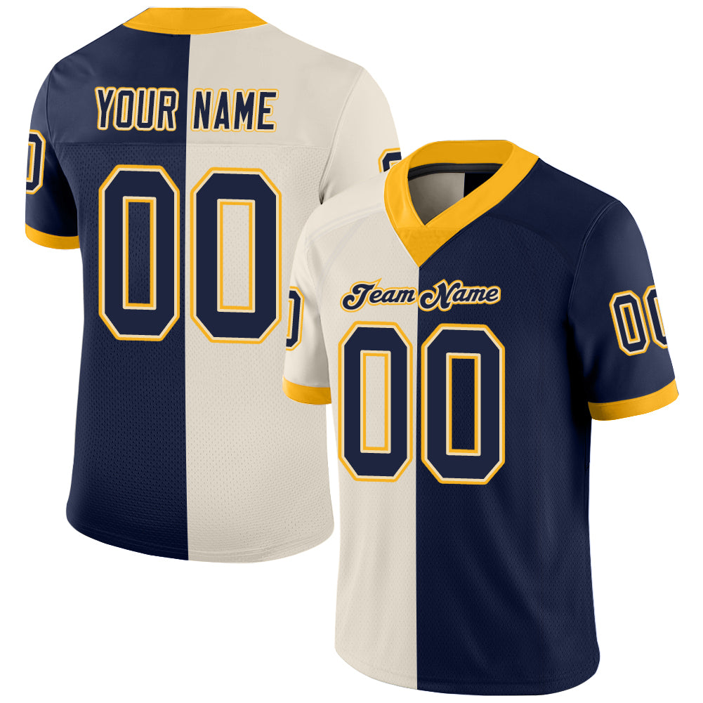 Custom Cream Navy-Gold Mesh Split Fashion Football Jersey