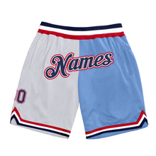 Load image into Gallery viewer, Custom White Navy-Light Blue Authentic Throwback Split Fashion Basketball Shorts
