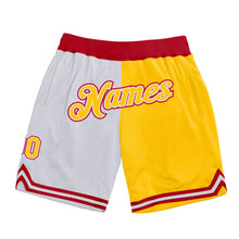 Load image into Gallery viewer, Custom White Gold-Red Authentic Throwback Split Fashion Basketball Shorts
