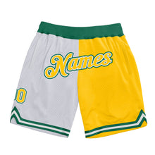 Load image into Gallery viewer, Custom White Gold-Kelly Green Authentic Throwback Split Fashion Basketball Shorts
