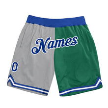 Load image into Gallery viewer, Custom Gray Royal-Kelly Green Authentic Throwback Split Fashion Basketball Shorts
