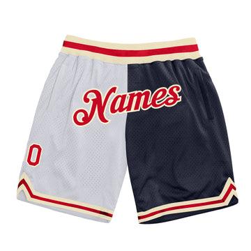 Custom White Red-Navy Authentic Throwback Split Fashion Basketball Shorts
