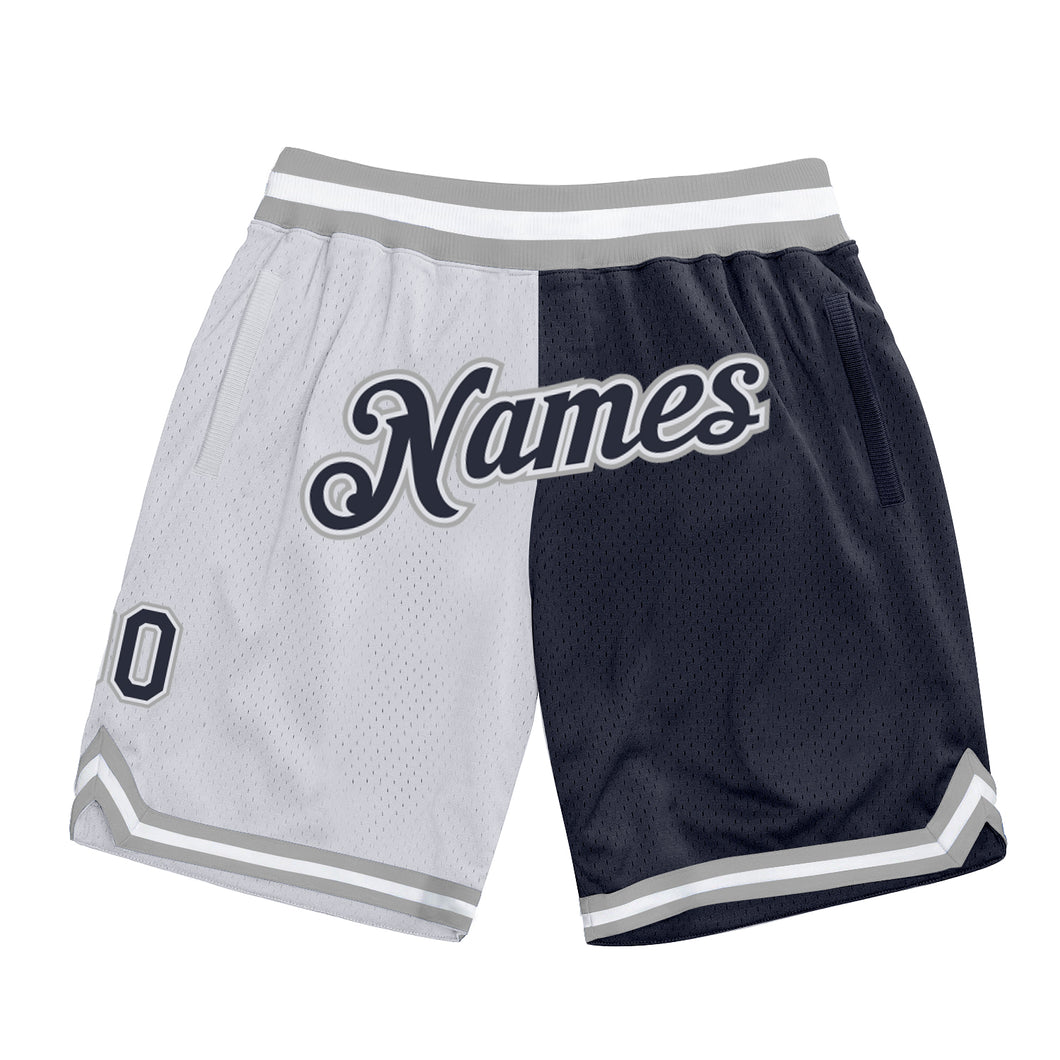 Custom White Navy-Gray Authentic Throwback Split Fashion Basketball Shorts