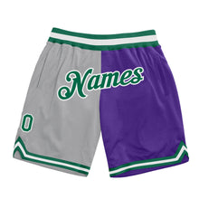 Load image into Gallery viewer, Custom Gray Kelly Green-Purple Authentic Throwback Split Fashion Basketball Shorts
