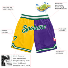 Load image into Gallery viewer, Custom Gold Kelly Green-Purple Authentic Throwback Split Fashion Basketball Shorts
