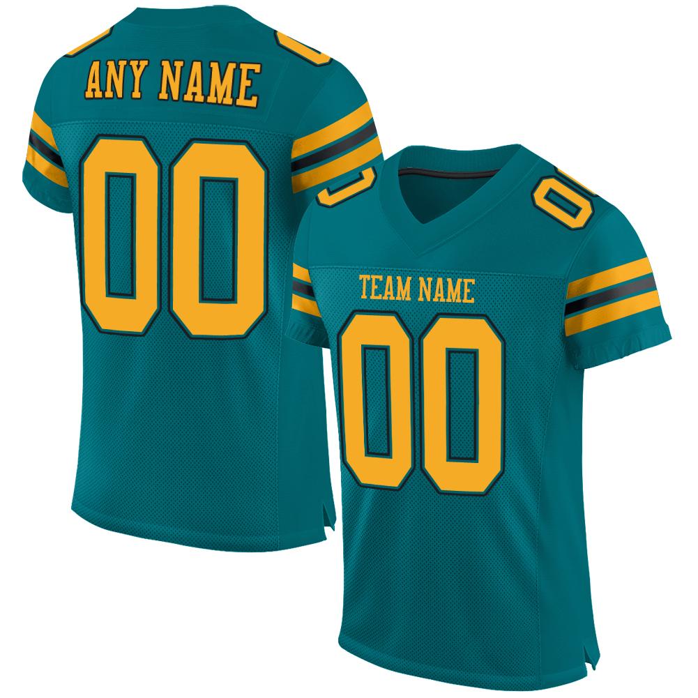 Custom Teal Gold-Black Mesh Authentic Football Jersey