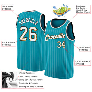 Custom Teal White Pinstripe White-Old Gold Authentic  Basketball Jersey