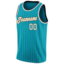 Load image into Gallery viewer, Custom Teal White Pinstripe White-Old Gold Authentic Throwback Basketball Jersey

