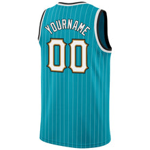 Load image into Gallery viewer, Custom Teal White Pinstripe White-Old Gold Authentic  Basketball Jersey
