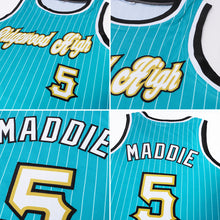 Load image into Gallery viewer, Custom Teal White Pinstripe White-Old Gold Authentic  Basketball Jersey
