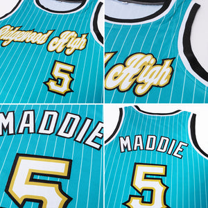 Custom Teal White Pinstripe White-Old Gold Authentic  Basketball Jersey