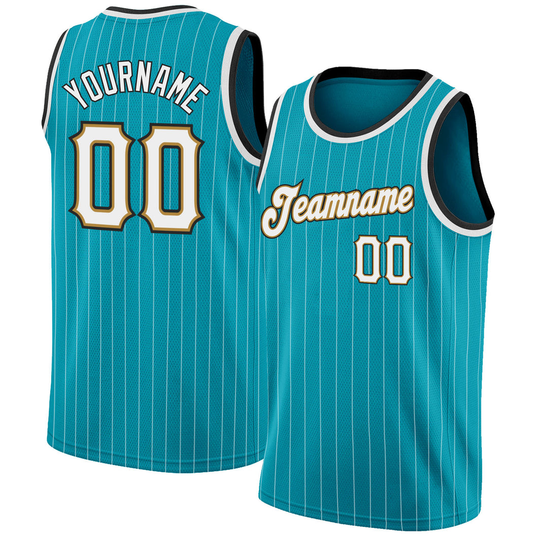 Custom Teal White Pinstripe White-Old Gold Authentic  Basketball Jersey