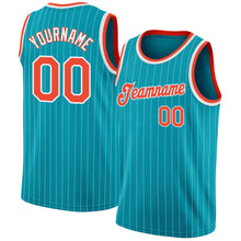 Load image into Gallery viewer, Custom Teal White Pinstripe Orange-White Authentic Basketball Jersey
