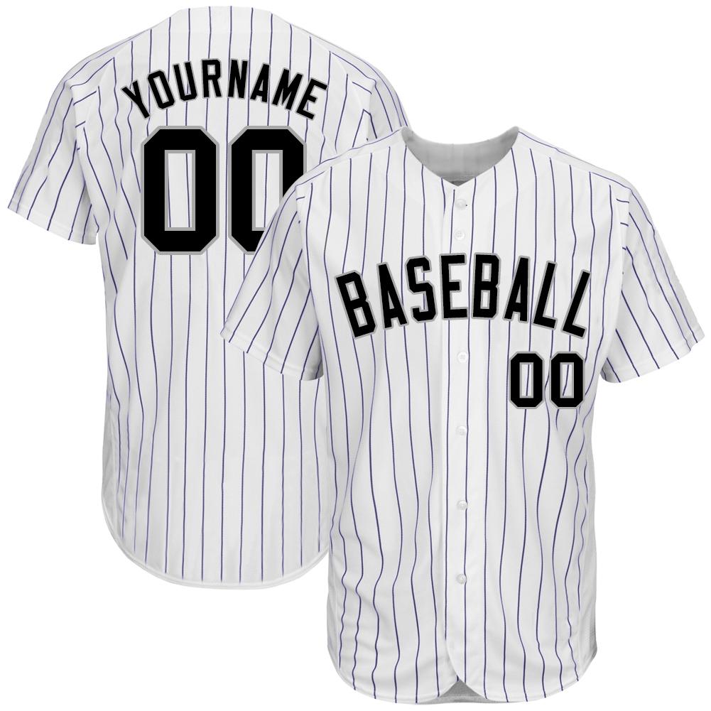 Custom White Purple Pinstripe Black-Gray Authentic Baseball Jersey