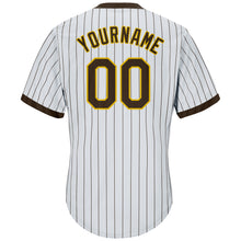 Load image into Gallery viewer, Custom White Brown Pinstripe Brown-Gold Authentic Throwback Rib-Knit Baseball Jersey Shirt
