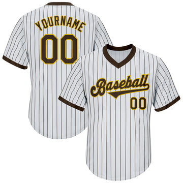 Custom White Brown Pinstripe Brown-Gold Authentic Throwback Rib-Knit Baseball Jersey Shirt