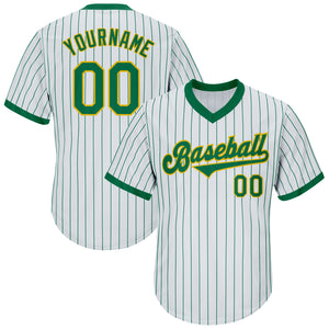 Custom White Kelly Green Pinstripe Kelly Green-Gold Authentic Throwback Rib-Knit Baseball Jersey Shirt