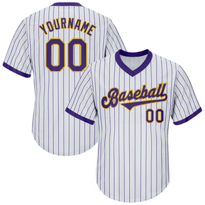 Custom White Purple Pinstripe Purple-Gold Authentic Throwback Rib-Knit Baseball Jersey Shirt