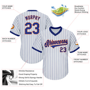 Custom White Royal Pinstripe Royal-Orange Authentic Throwback Rib-Knit Baseball Jersey Shirt