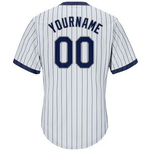 Custom White Navy Pinstripe Navy-Gray Authentic Throwback Rib-Knit Baseball Jersey Shirt